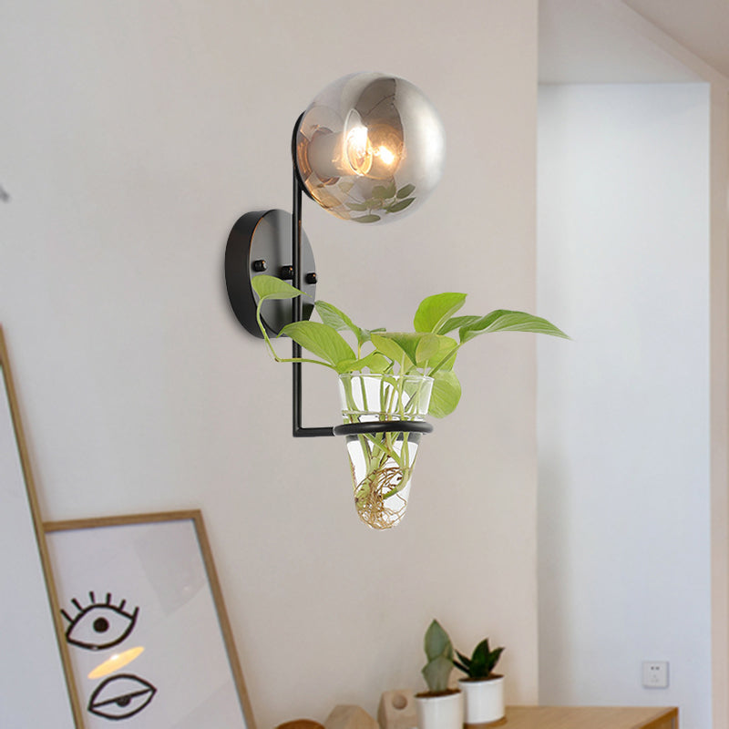 Frendorf | 1 Glühbirne Wandlampe Industrie Global Creme/Rauchgrau Glas Wandlicht in Schwarz/Gold mit klarem Glas Pflanzenbecher