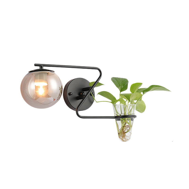 Frendorf | Globale Schlafzimmer Wandleuchte Industriell Creme/Rauchgrau Glas 1 Kopf Schwarz/Gold Wandlicht mit Klarglas Pflanzenbecher