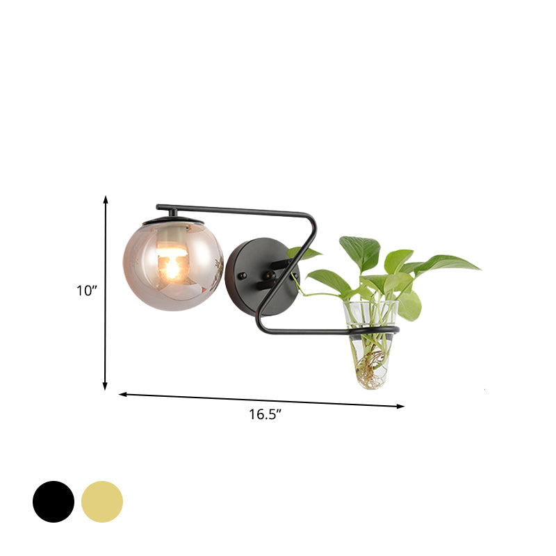 Frendorf | Globale Schlafzimmer Wandleuchte Industriell Creme/Rauchgrau Glas 1 Kopf Schwarz/Gold Wandlicht mit Klarglas Pflanzenbecher