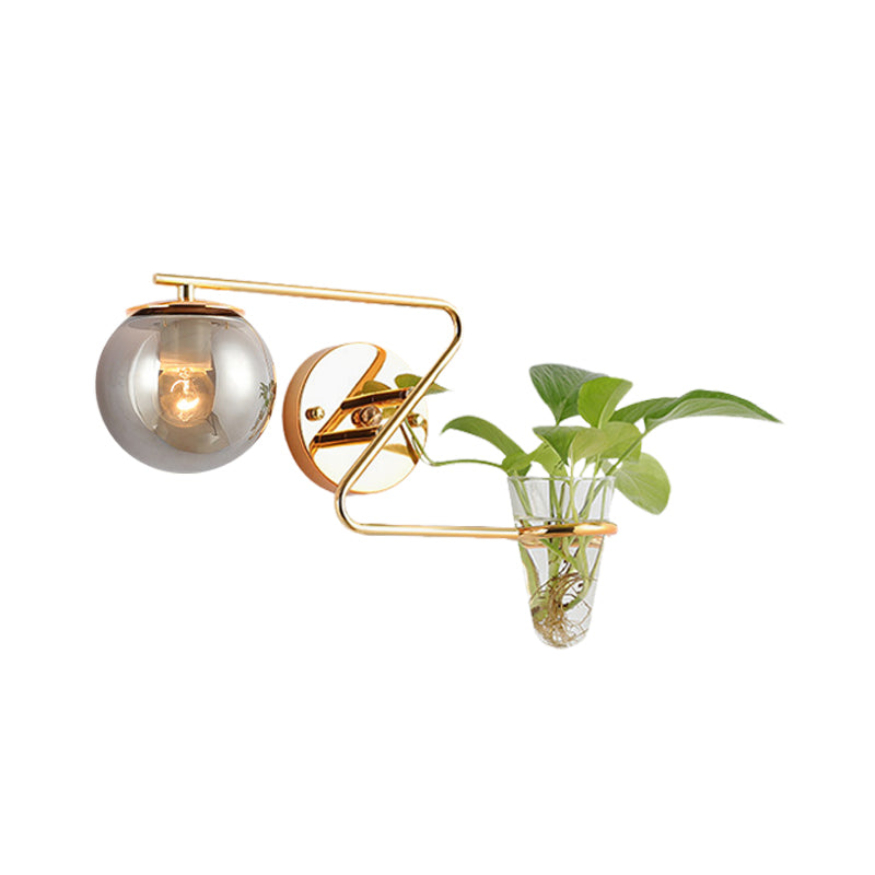 Frendorf | Globale Schlafzimmer Wandleuchte Industriell Creme/Rauchgrau Glas 1 Kopf Schwarz/Gold Wandlicht mit Klarglas Pflanzenbecher