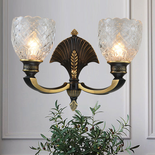 Frendorf | 1/2-Licht Wandlamp Vintage Koepel Klarglas Wandarmatuur mit Gebogen Arm in Messing für das Studium
