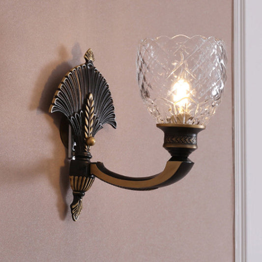 Frendorf | 1/2-Licht Wandlamp Vintage Koepel Klarglas Wandarmatuur mit Gebogen Arm in Messing für das Studium