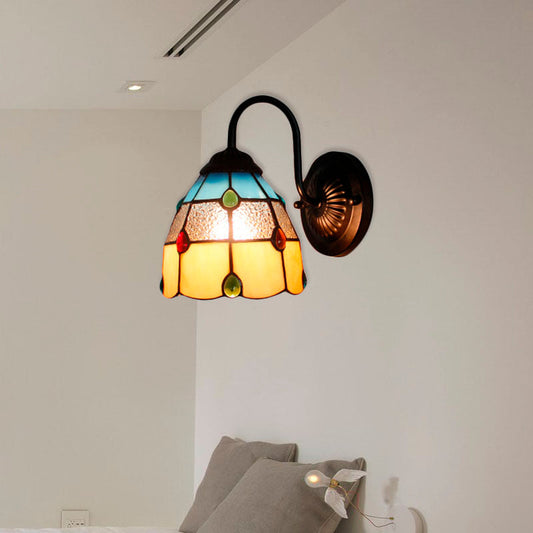 Frendorf | Tiffany Dome Wandlamp Fixture 1 Hoofd Geel-Blauw Glas Wandlicht met Agaat Decoratie