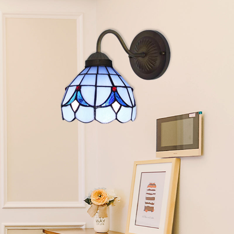 Frendorf | 1 Kopf Blumen Wandleuchte Tiffany Weiß/Blaue Glas Wandmontierte Lampe für Schlafzimmer