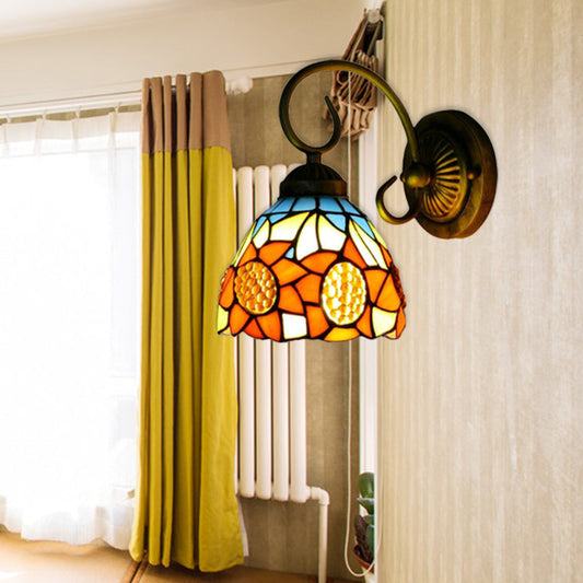Frendorf | Zonnebloem Oranje Glazen Wandlamp Verlichting Victoriaans 1 Kop Brons Muur Gemonteerde Licht, 6"/8" Breed