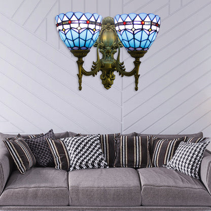 Frendorf | Baroque Bowl Wandlichtarmatur Buntglas 2 Köpfe Wandleuchte in Antikmessing für Wohnzimmer