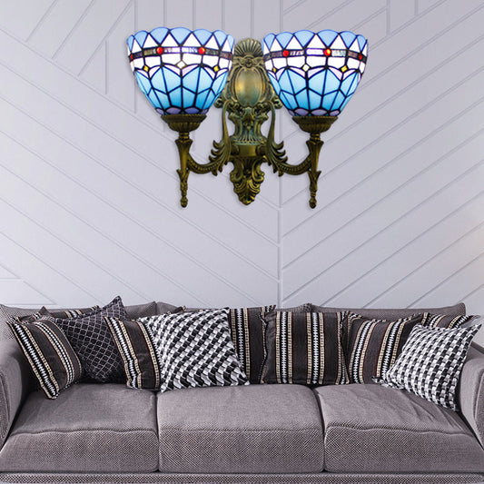 Frendorf | Baroque Bowl Wandlichtarmatur Buntglas 2 Köpfe Wandleuchte in Antikmessing für Wohnzimmer