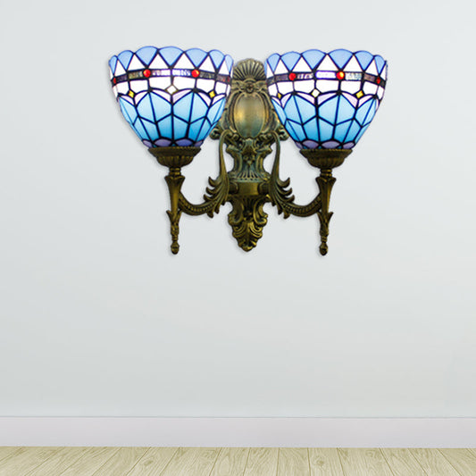 Frendorf | Baroque Bowl Wandlichtarmatur Buntglas 2 Köpfe Wandleuchte in Antikmessing für Wohnzimmer