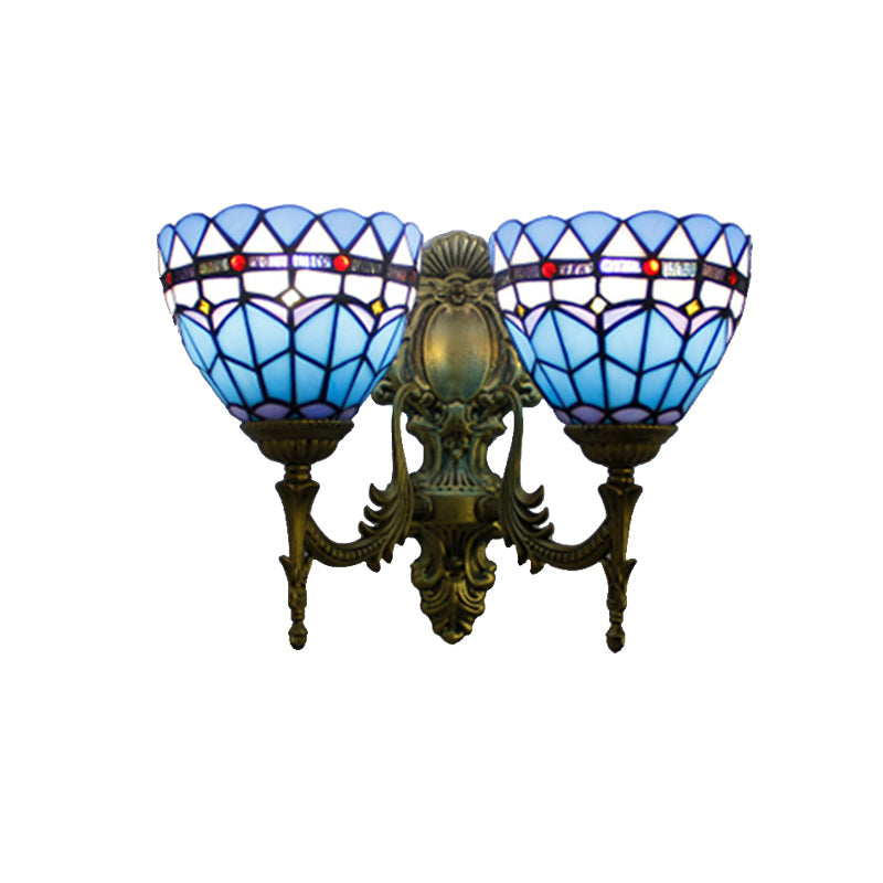 Frendorf | Baroque Bowl Wandlichtarmatur Buntglas 2 Köpfe Wandleuchte in Antikmessing für Wohnzimmer