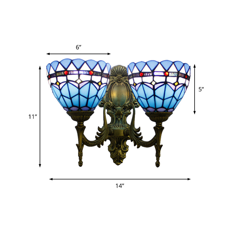 Frendorf | Baroque Bowl Wandlichtarmatur Buntglas 2 Köpfe Wandleuchte in Antikmessing für Wohnzimmer