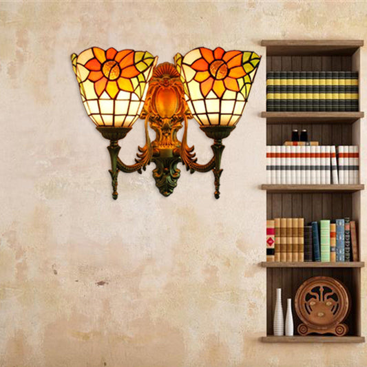 Frendorf | Sonnenblumen Wandmontage Licht Lodge Stil Buntglas 2 Köpfe Wandbeleuchtung für Schlafzimmer