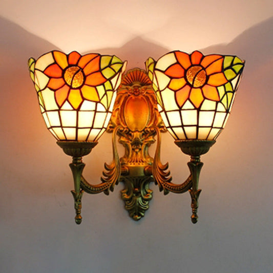 Frendorf | Sonnenblumen Wandmontage Licht Lodge Stil Buntglas 2 Köpfe Wandbeleuchtung für Schlafzimmer