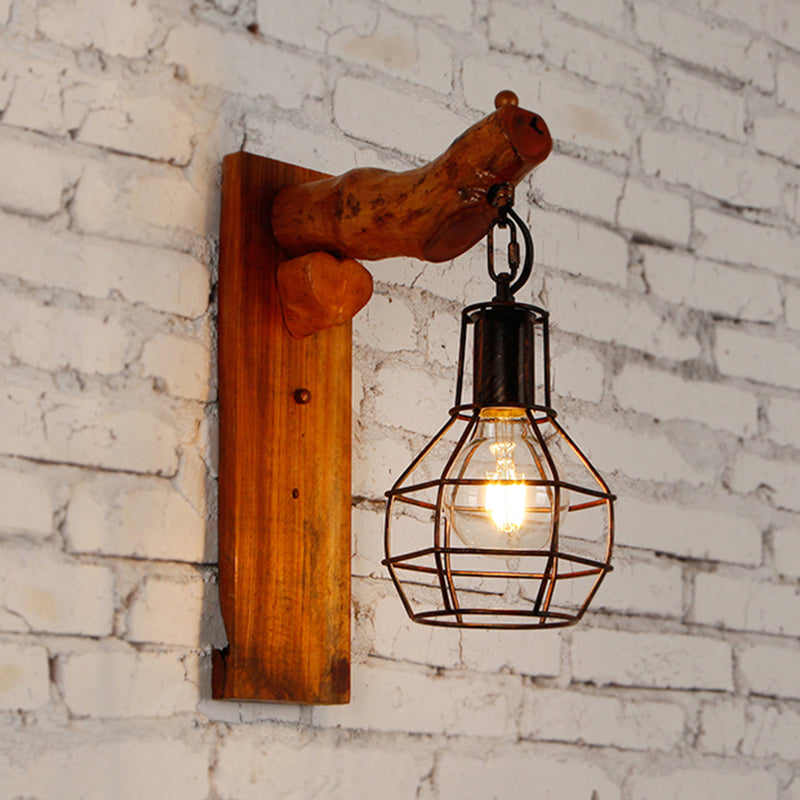 Frendorf | Ball Cage Schlafzimmer Wandleuchte Vintage Stilvolles Metall 1 Glühbirne Schwarze Wandlampe mit Holz-Rückplatte