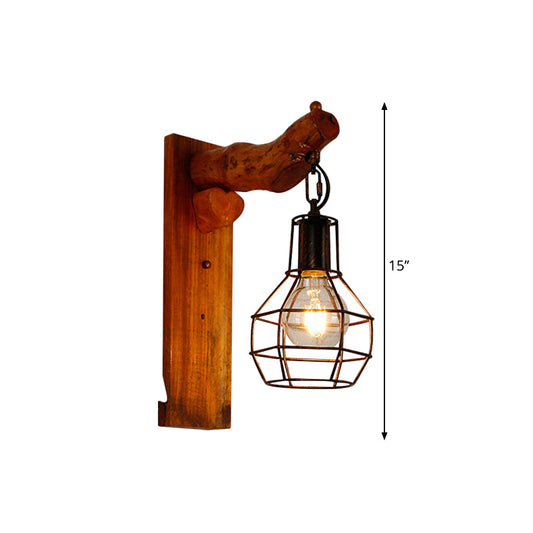 Frendorf | Ball Cage Schlafzimmer Wandleuchte Vintage Stilvolles Metall 1 Glühbirne Schwarze Wandlampe mit Holz-Rückplatte