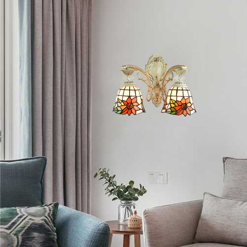 Frendorf | Bell Wohnzimmer Wandlampe mit Sonnenblumen-Glas 2 Glühbirnen traditionelle Tiffany-Wandleuchte mit Bogen/Gekrümmtem Arm in Weiß