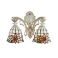 Frendorf | Bell Wohnzimmer Wandlampe mit Sonnenblumen-Glas 2 Glühbirnen traditionelle Tiffany-Wandleuchte mit Bogen/Gekrümmtem Arm in Weiß