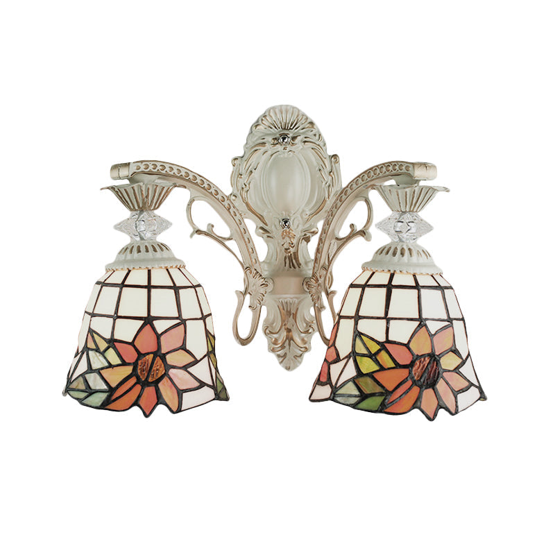 Frendorf | Bell Wohnzimmer Wandlampe mit Sonnenblumen-Glas 2 Glühbirnen traditionelle Tiffany-Wandleuchte mit Bogen/Gekrümmtem Arm in Weiß