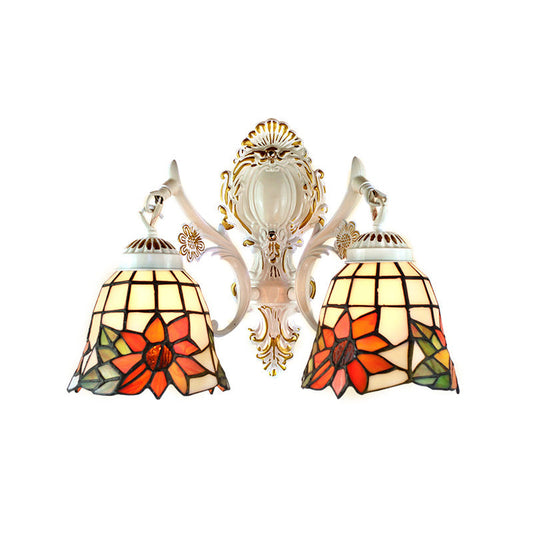 Frendorf | Bell Wohnzimmer Wandlampe mit Sonnenblumen-Glas 2 Glühbirnen traditionelle Tiffany-Wandleuchte mit Bogen/Gekrümmtem Arm in Weiß