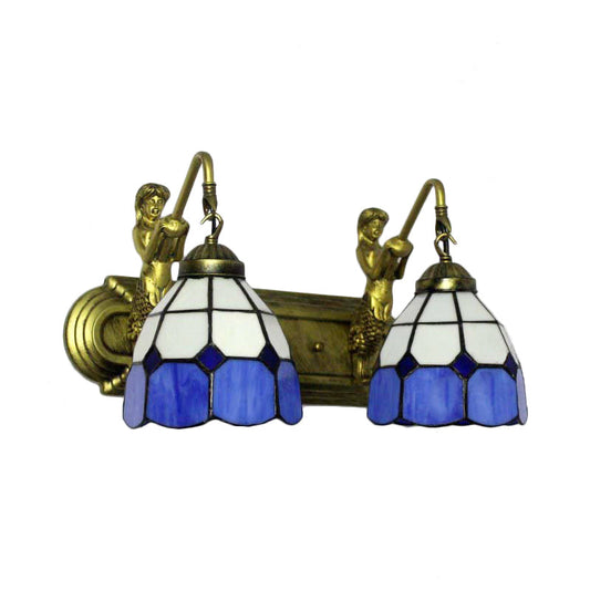 Frendorf | 2 Köpfe Wandmontage Licht Mediterraner Gittermuster Blaues Glas Wandleuchte mit Meerjungfrau Rückplatte