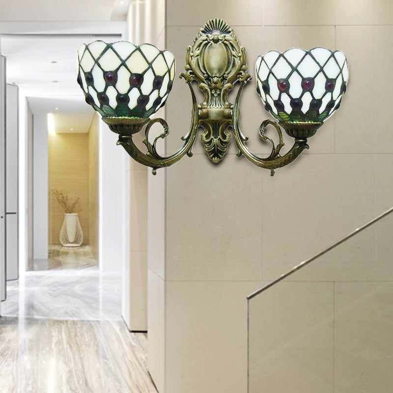 Frendorf | 2-Lampe Gitter Schale Wandlampe Tiffany traditionelle Wandlampe in Blau/Beige für das Badezimmer