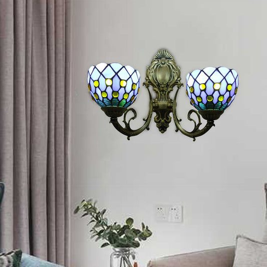 Frendorf | 2-Lampe Gitter Schale Wandlampe Tiffany traditionelle Wandlampe in Blau/Beige für das Badezimmer