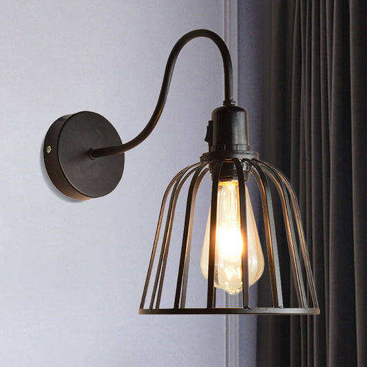 Frendorf | Gooseneck Arm Metall Wandleuchte mit Glocken Käfig Shade Retro 1 Licht Esszimmer Wandlampe in Schwarz
