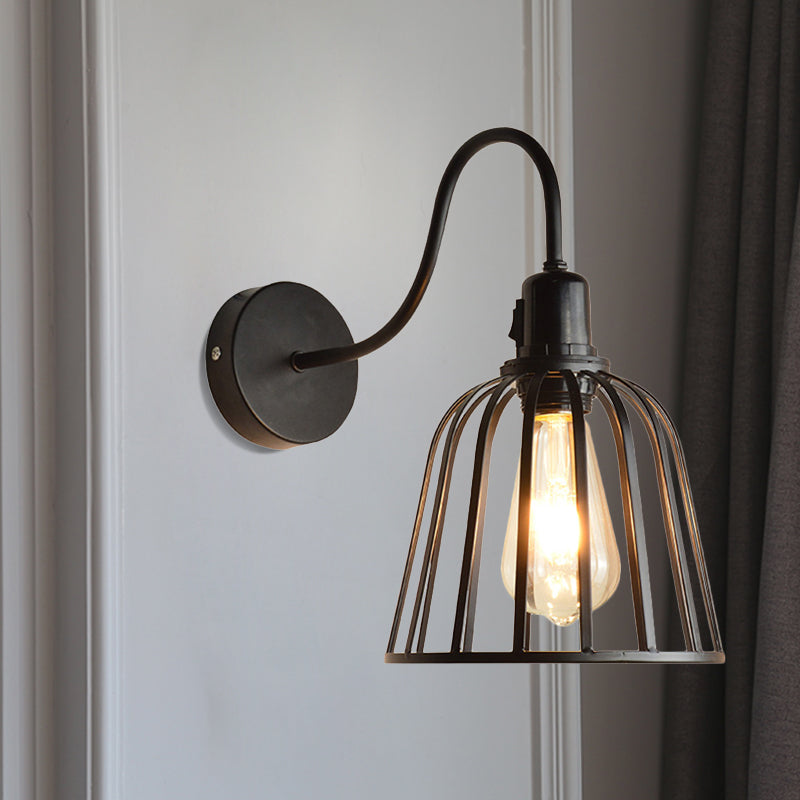Frendorf | Gooseneck Arm Metall Wandleuchte mit Glocken Käfig Shade Retro 1 Licht Esszimmer Wandlampe in Schwarz
