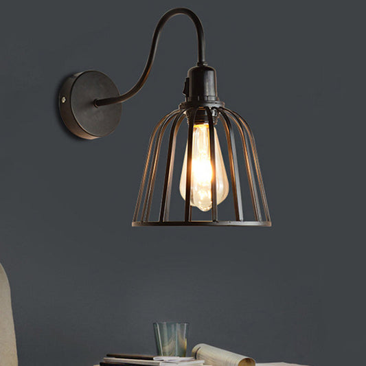 Frendorf | Gooseneck Arm Metall Wandleuchte mit Glocken Käfig Shade Retro 1 Licht Esszimmer Wandlampe in Schwarz