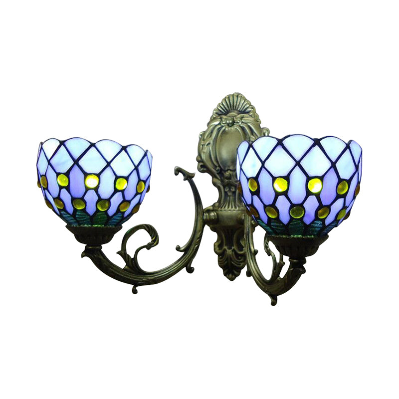Frendorf | 2-Lampe Gitter Schale Wandlampe Tiffany traditionelle Wandlampe in Blau/Beige für das Badezimmer