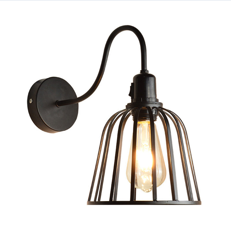Frendorf | Gooseneck Arm Metall Wandleuchte mit Glocken Käfig Shade Retro 1 Licht Esszimmer Wandlampe in Schwarz