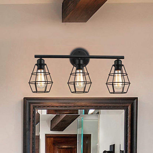 Frendorf | Gekooide Schaduw Badkamer Wandlamp Sconces Industriële Stijl Metaal 3 Lichten Zwart Wandmontage Licht