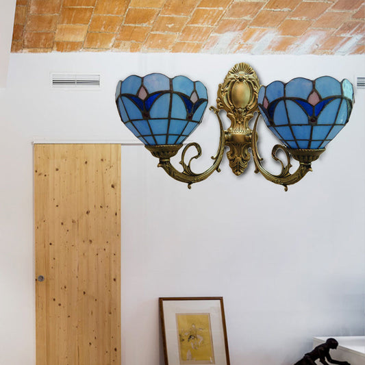 Frendorf | Glas-in-lood schaal wandlamp studeerkamer 2 lichten Tiffany traditionele wandlamp in blauw/helder