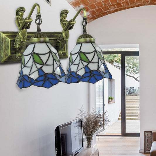 Frendorf | 2 Köpfe Flur Wandleuchte Mediterran Antik Bronze Wandmontage Lampe mit flared Blau und Weiß Glas Schirm
