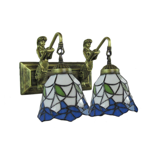 Frendorf | 2 Köpfe Flur Wandleuchte Mediterran Antik Bronze Wandmontage Lampe mit flared Blau und Weiß Glas Schirm