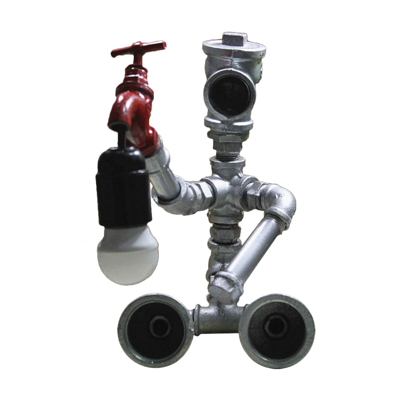 Metallic Sitzender Roboter Tischleuchte mit Wasserhahn Deco Steampunk 1 Licht Kinderzimmer Tischleuchte in Bronze/Silber