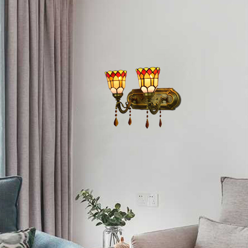 Frendorf | Art Glass Bowl Wandlampe mit Achat 2-Glühbirnen Tiffany Vintage Wandlampe in Beige/Braun/Blau/Blau-Weiß für Esszimmer