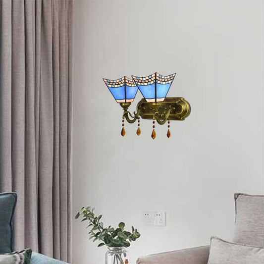 Frendorf | Art Glass Bowl Wandlampe mit Achat 2-Glühbirnen Tiffany Vintage Wandlampe in Beige/Braun/Blau/Blau-Weiß für Esszimmer