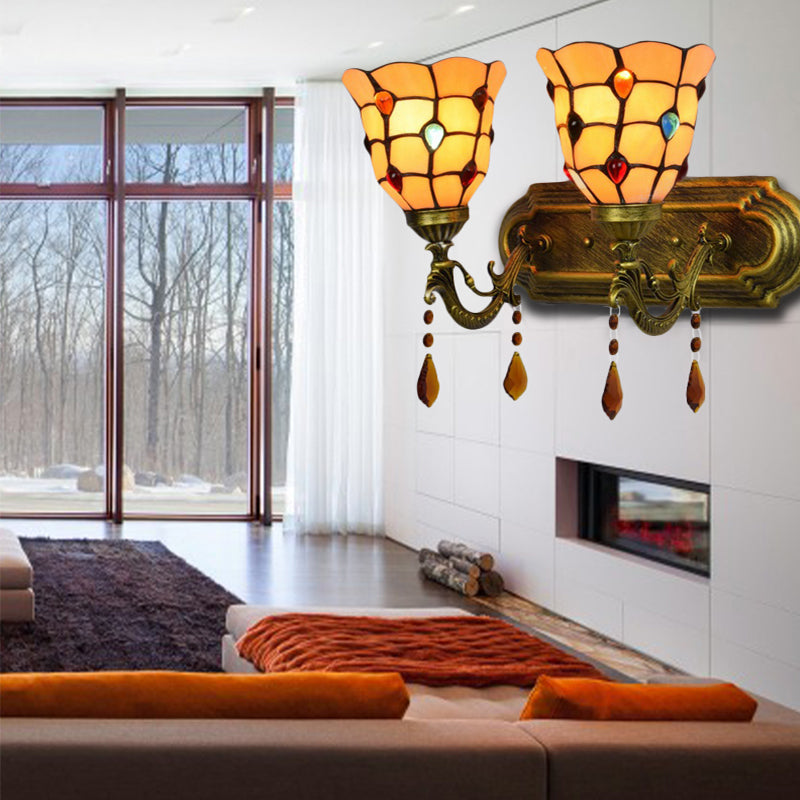 Frendorf | Art Glass Bowl Wandlampe mit Achat 2-Glühbirnen Tiffany Vintage Wandlampe in Beige/Braun/Blau/Blau-Weiß für Esszimmer
