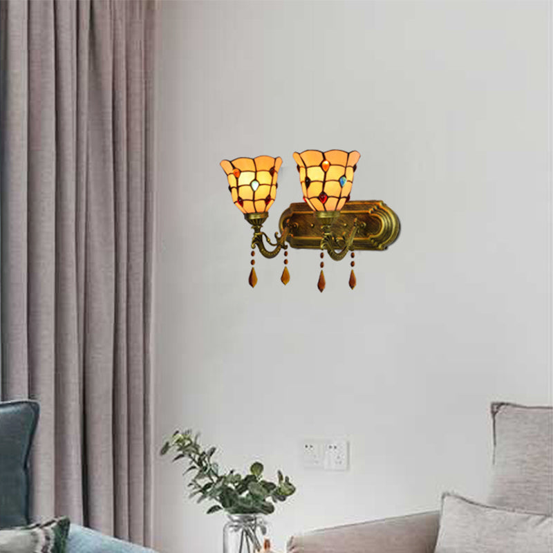 Frendorf | Art Glass Bowl Wandlampe mit Achat 2-Glühbirnen Tiffany Vintage Wandlampe in Beige/Braun/Blau/Blau-Weiß für Esszimmer