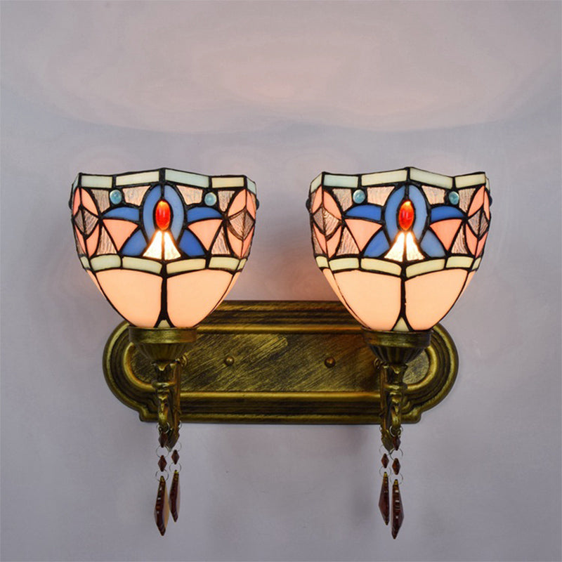 Frendorf | Vintage Tiffany Gewölbe Wandlicht 2 Lichter Buntglas Wandleuchte in Antikbronze für Schlafzimmer