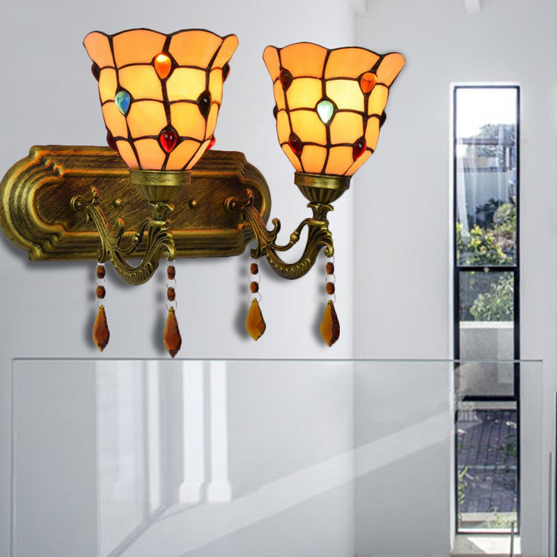 Frendorf | Tiffany Klassische Glocken Wandlampe mit Achat 2 Köpfen Tiffany Wandleuchte in Beige für Treppenhaus