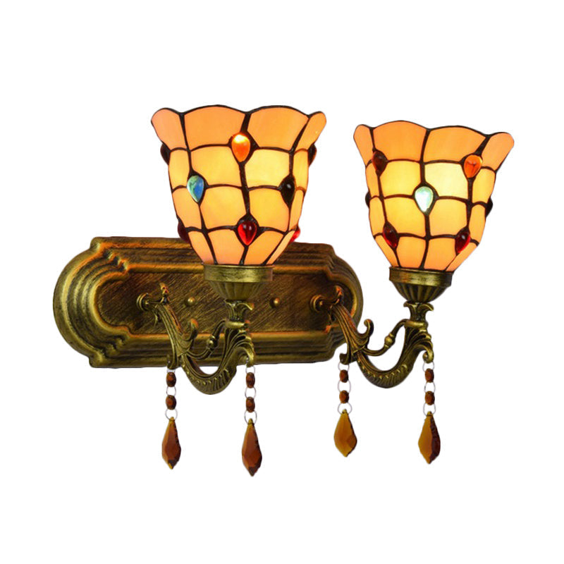 Frendorf | Tiffany Klassische Glocken Wandlampe mit Achat 2 Köpfen Tiffany Wandleuchte in Beige für Treppenhaus
