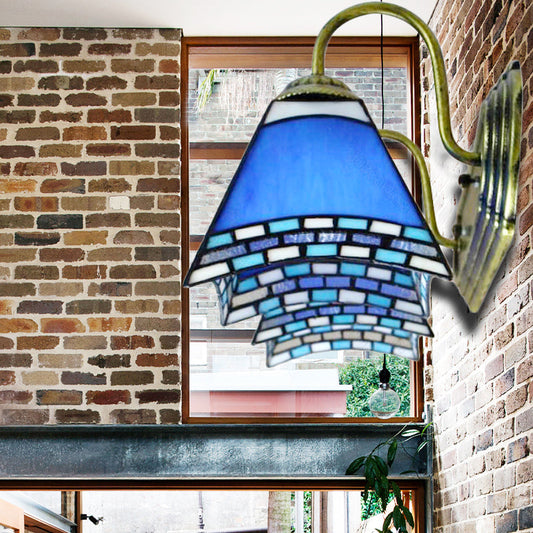 Frendorf | Blaue Glas-Pyramide Wandmontierte Leuchte Mediterran 2 Köpfe Bronze Wandleuchte