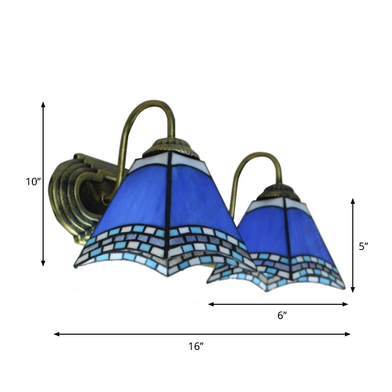 Frendorf | Blaue Glas-Pyramide Wandmontierte Leuchte Mediterran 2 Köpfe Bronze Wandleuchte