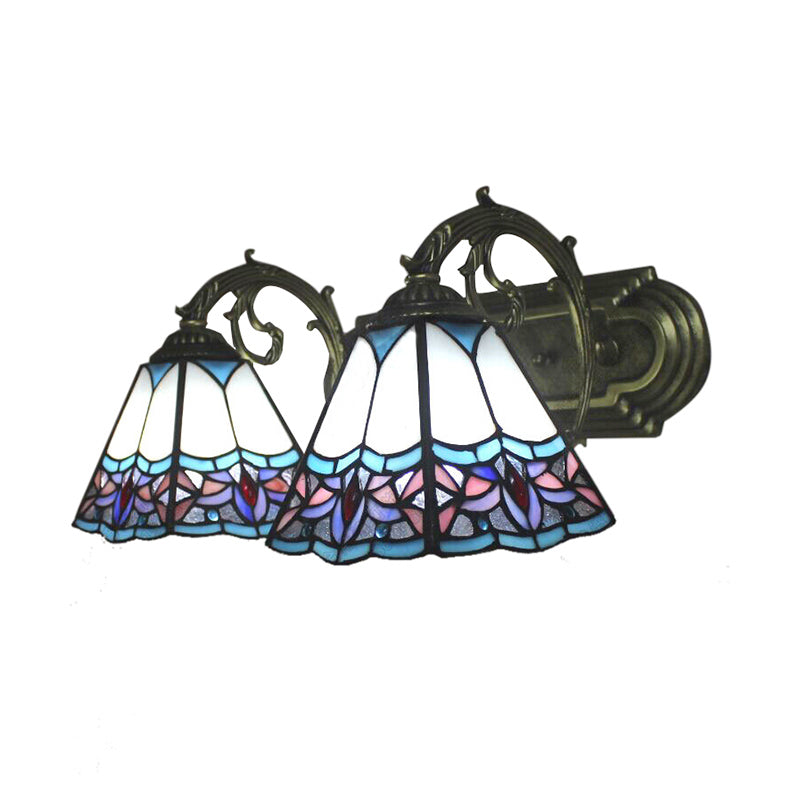 Frendorf | 2 Glühbirnen Pyramid Wandlicht Tiffany Klassisch Buntglas Wandleuchte in Blau mit Gebogenem Arm für Flur