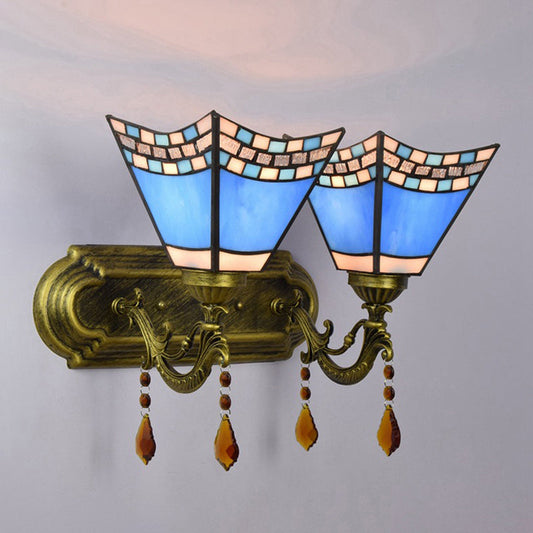 Frendorf | Blaue Handwerker Wandleuchte mit Achat 2 Glühbirnen Mediterrane Buntglass Wandleuchte für den Eingangsbereich