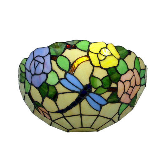 Frendorf | Bunte Schalen-Wandlampe mit Blume und Schmetterling Rustikales Tiffany-Glas-Wandlicht für Balkon