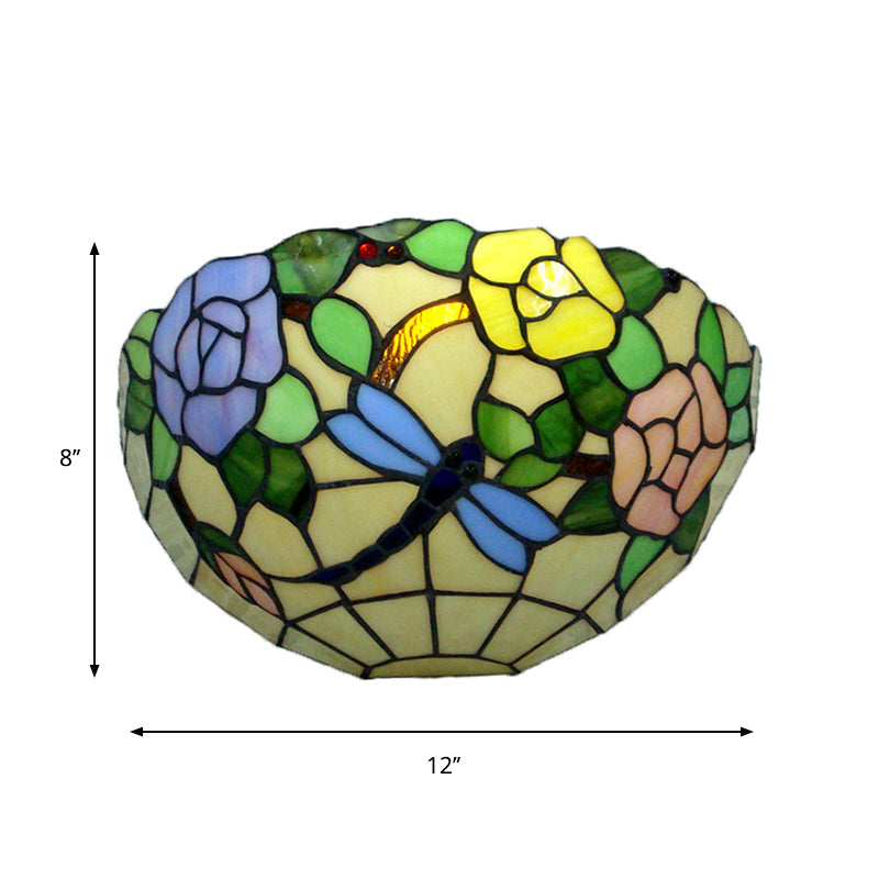 Frendorf | Bunte Schalen-Wandlampe mit Blume und Schmetterling Rustikales Tiffany-Glas-Wandlicht für Balkon