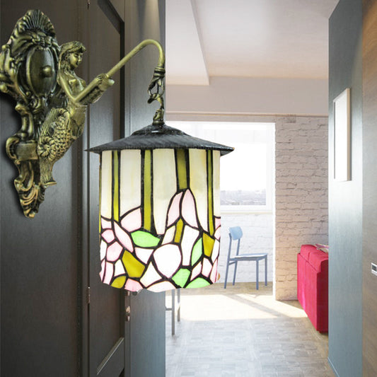 Frendorf | Zylinder Wandleuchte Tiffany Beige Glas 1 Kopf Flur Wandmontierte Lampe mit Blumenmuster