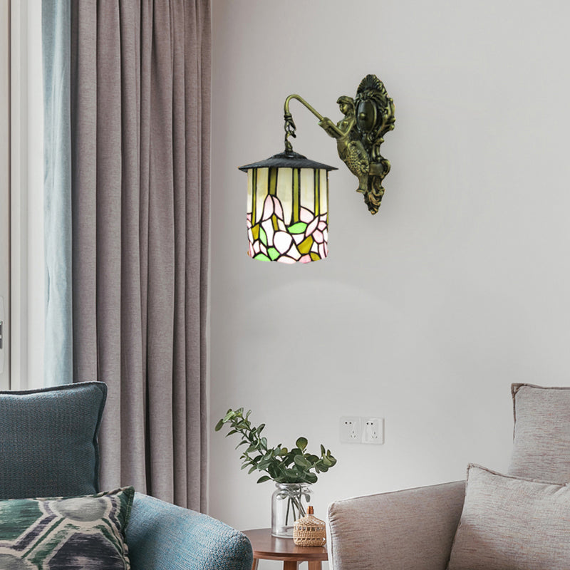 Frendorf | Zylinder Wandleuchte Tiffany Beige Glas 1 Kopf Flur Wandmontierte Lampe mit Blumenmuster